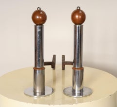 Pair of Art Deco Chrome and Copper Column Form Andirons