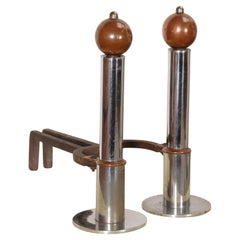 Pair of Art Deco Chrome and Copper Column Form Andirons
