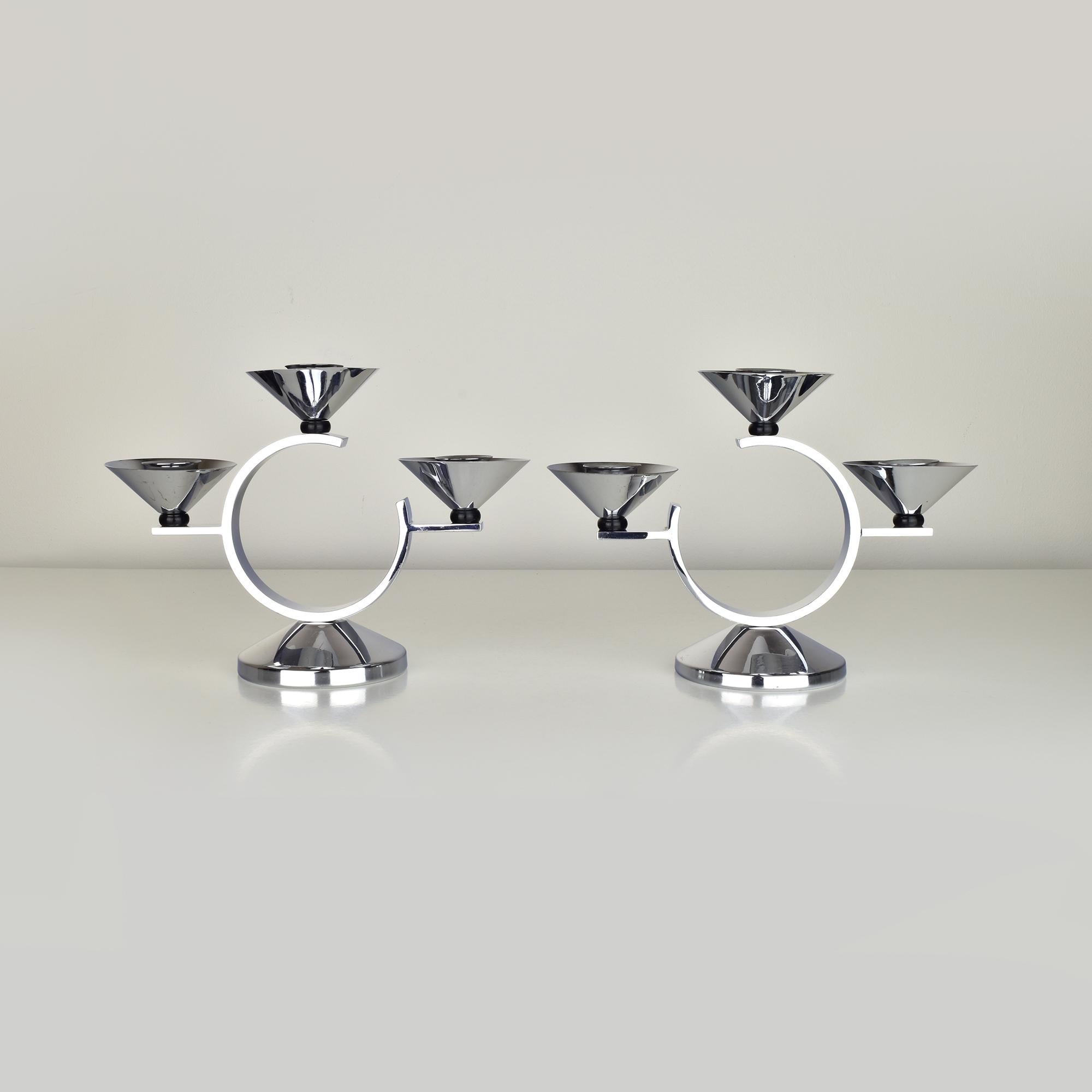Machine Age Pair of Art Deco Chrome Candleholders with Black Bakelite Accents Modernist For Sale