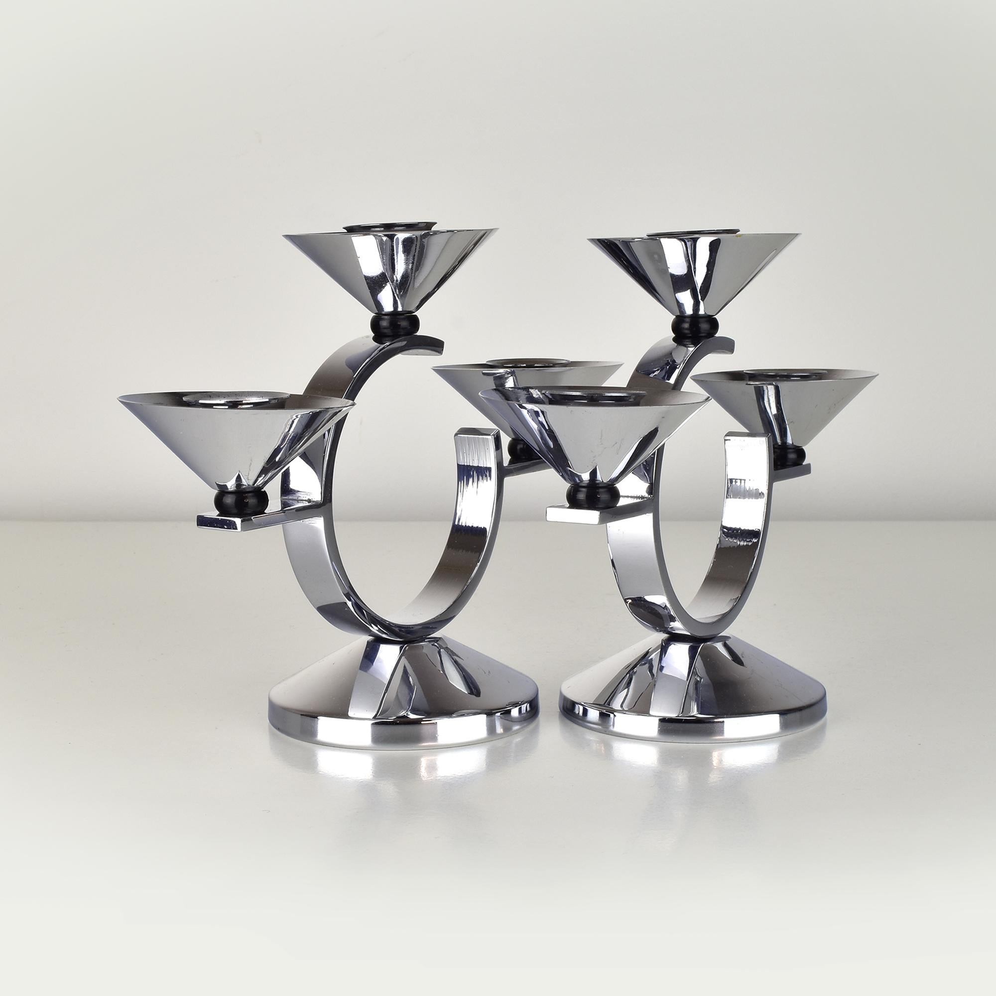 French Pair of Art Deco Chrome Candleholders with Black Bakelite Accents Modernist For Sale
