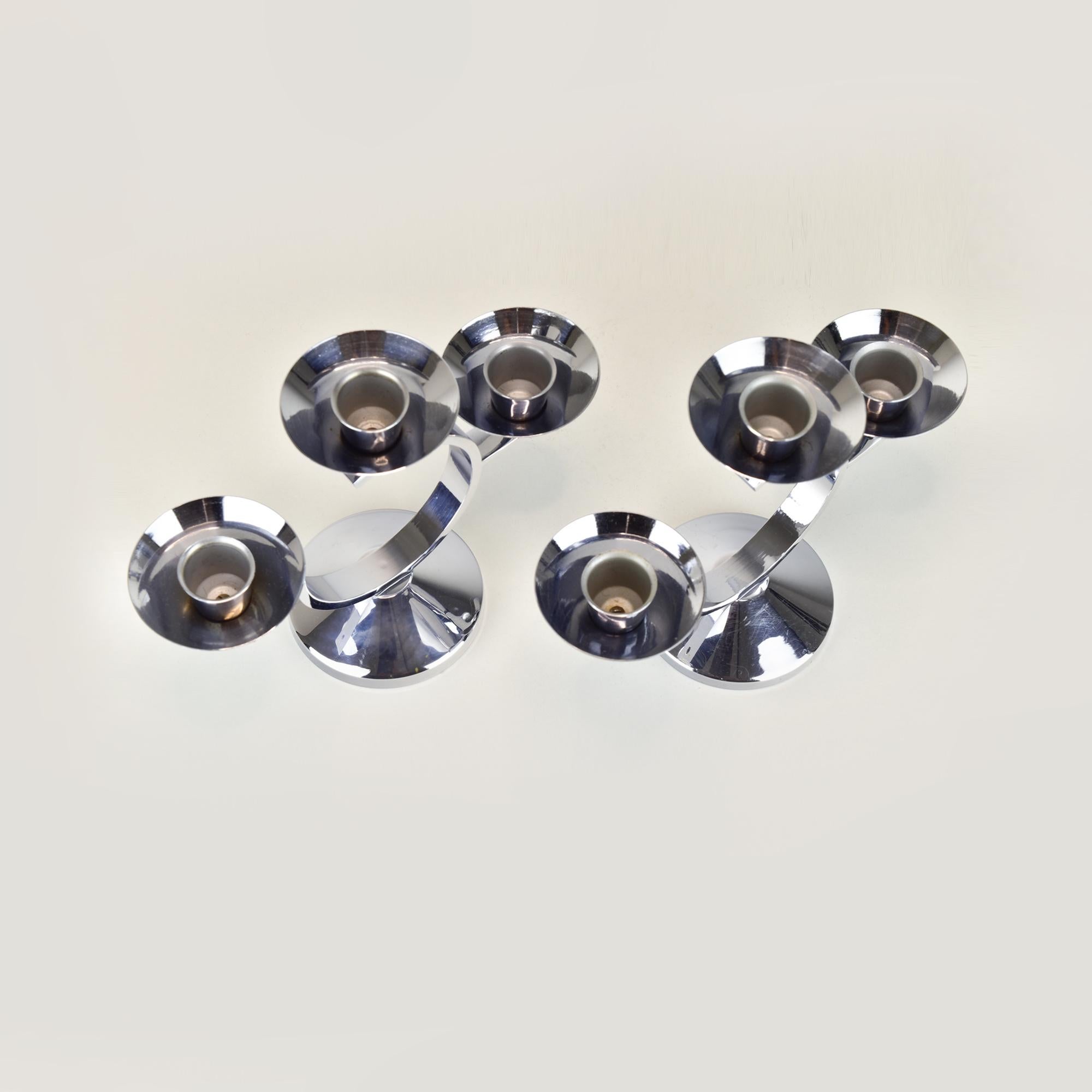 Pair of Art Deco Chrome Candleholders with Black Bakelite Accents Modernist For Sale 2