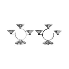 Pair of Art Deco Chrome Candleholders with Black Bakelite Accents Modernist