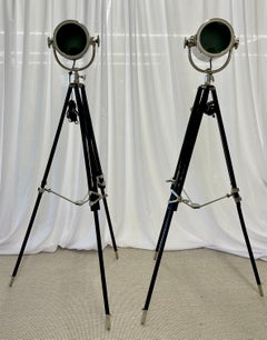 Pair of Art Deco Chrome Spotlight Floor Lamps on Ebony Tripod Bases