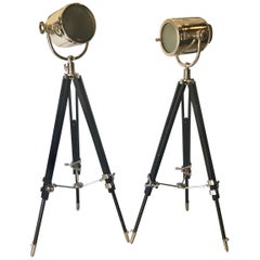 Pair of Art Deco Chrome Spotlight Floor Lamps on Ebony Tripod Bases