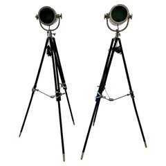 Pair of Art Deco Chrome Spotlight Floor Lamps on Ebony Tripod Bases