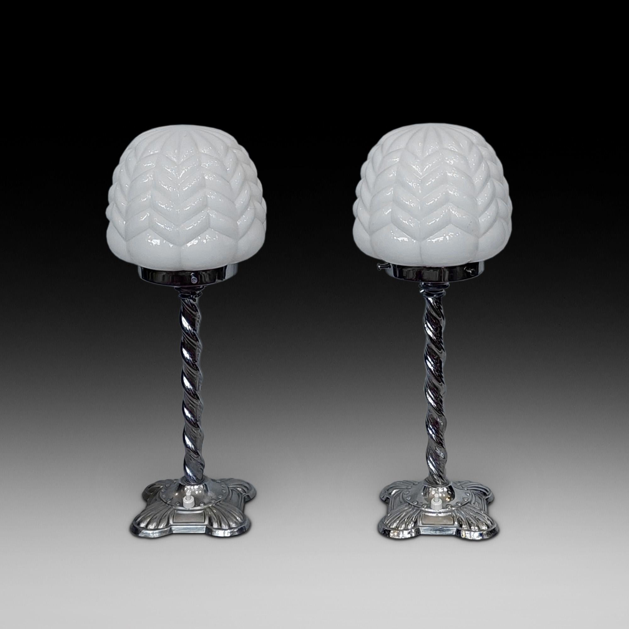 Pair of Art Deco Chrome Twist Lamps with Geometric Spherical White Glass Shades - 7