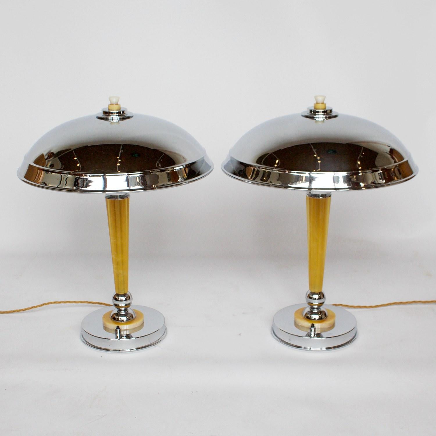 20th Century Pair of Art Deco Chromed Metal and Bakelite Dome Lamps
