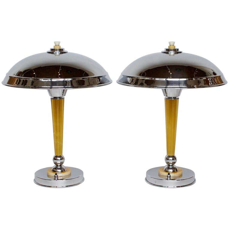 Pair of Art Deco Chromed Metal and Bakelite Dome Lamps For Sale at 1stDibs
