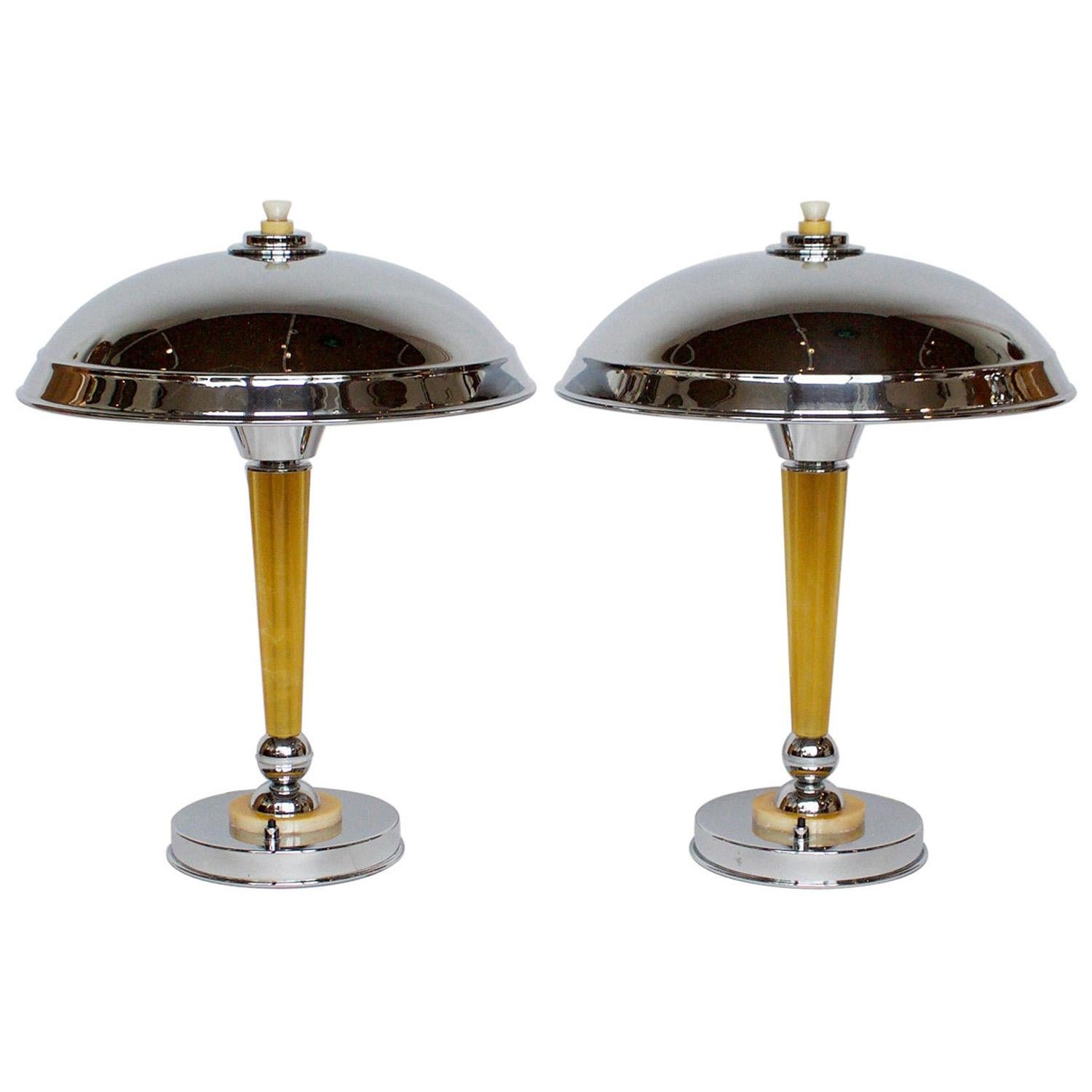 Pair of Art Deco Chromed Metal and Bakelite Dome Lamps