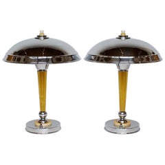 Vintage Pair of Art Deco Chromed Metal and Bakelite Dome Lamps