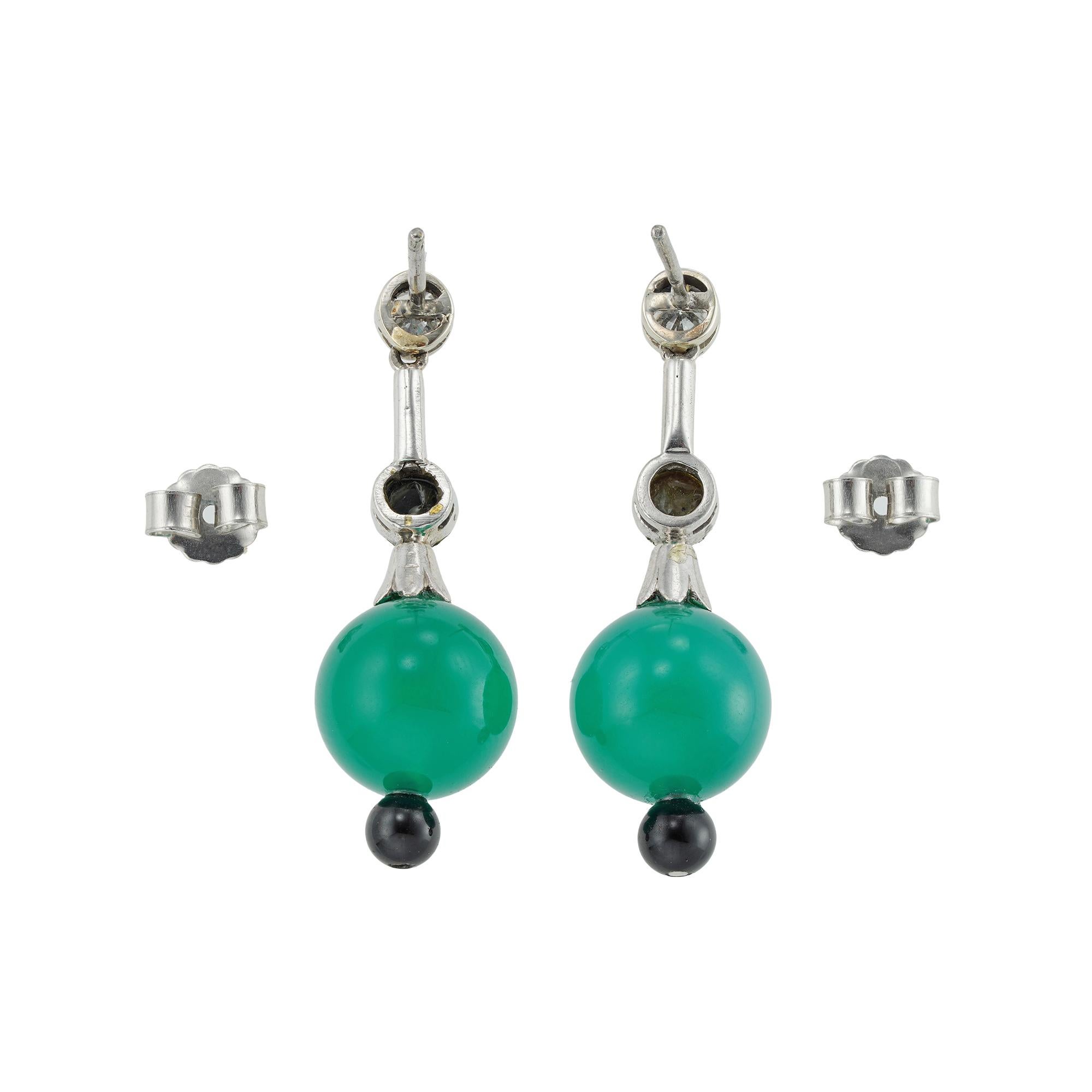 Bead Pair of Art Deco Chrysoprase, Onyx and Diamond Earrings