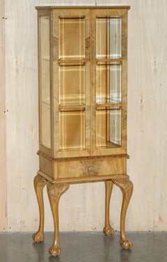 PAIR OF ART DECO CIRCA 1920's BURR LIGHT WALNUT CLAW & BALL DISPLAY CABINETS