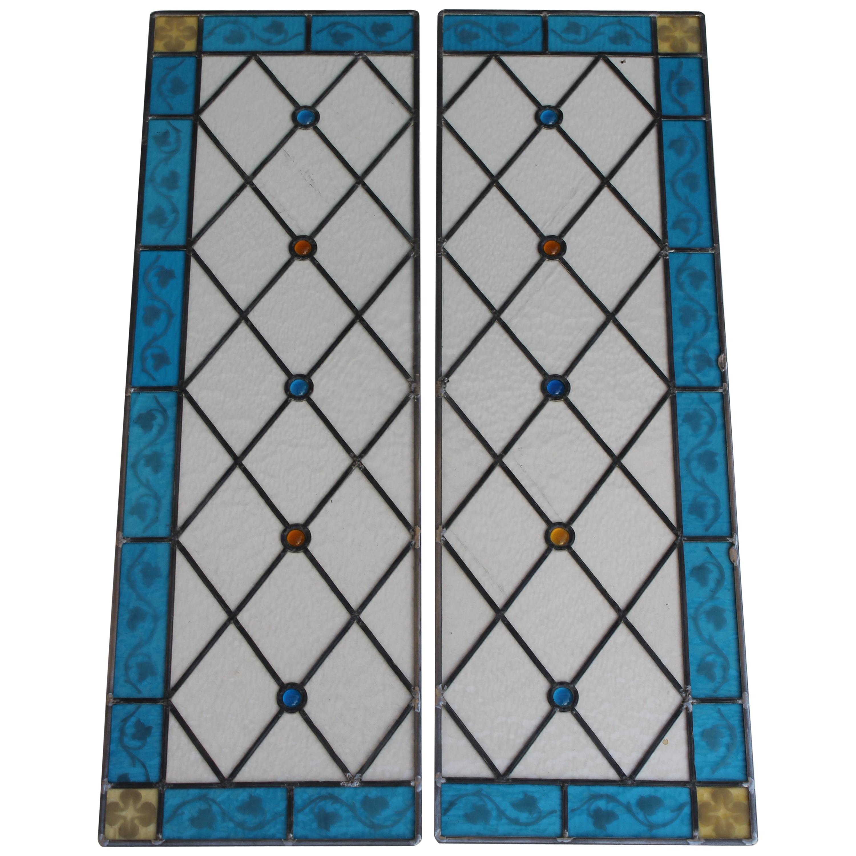 Pair of Art Deco Clear, Blue and Gold Stained Glass Panels