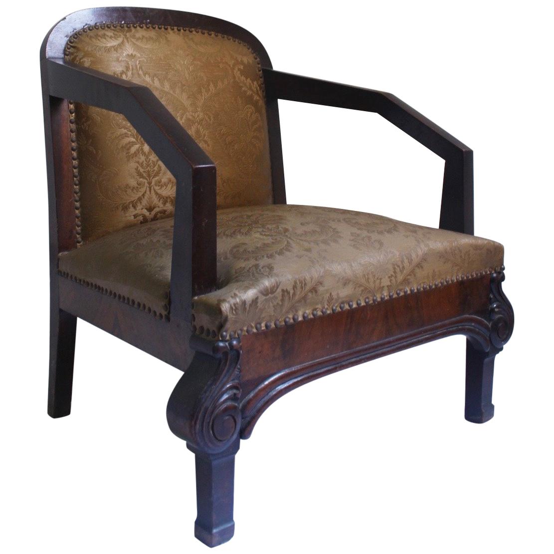 Pair of Art Deco Club Armchair with Golden Brocade Silk , 1930s For Sale