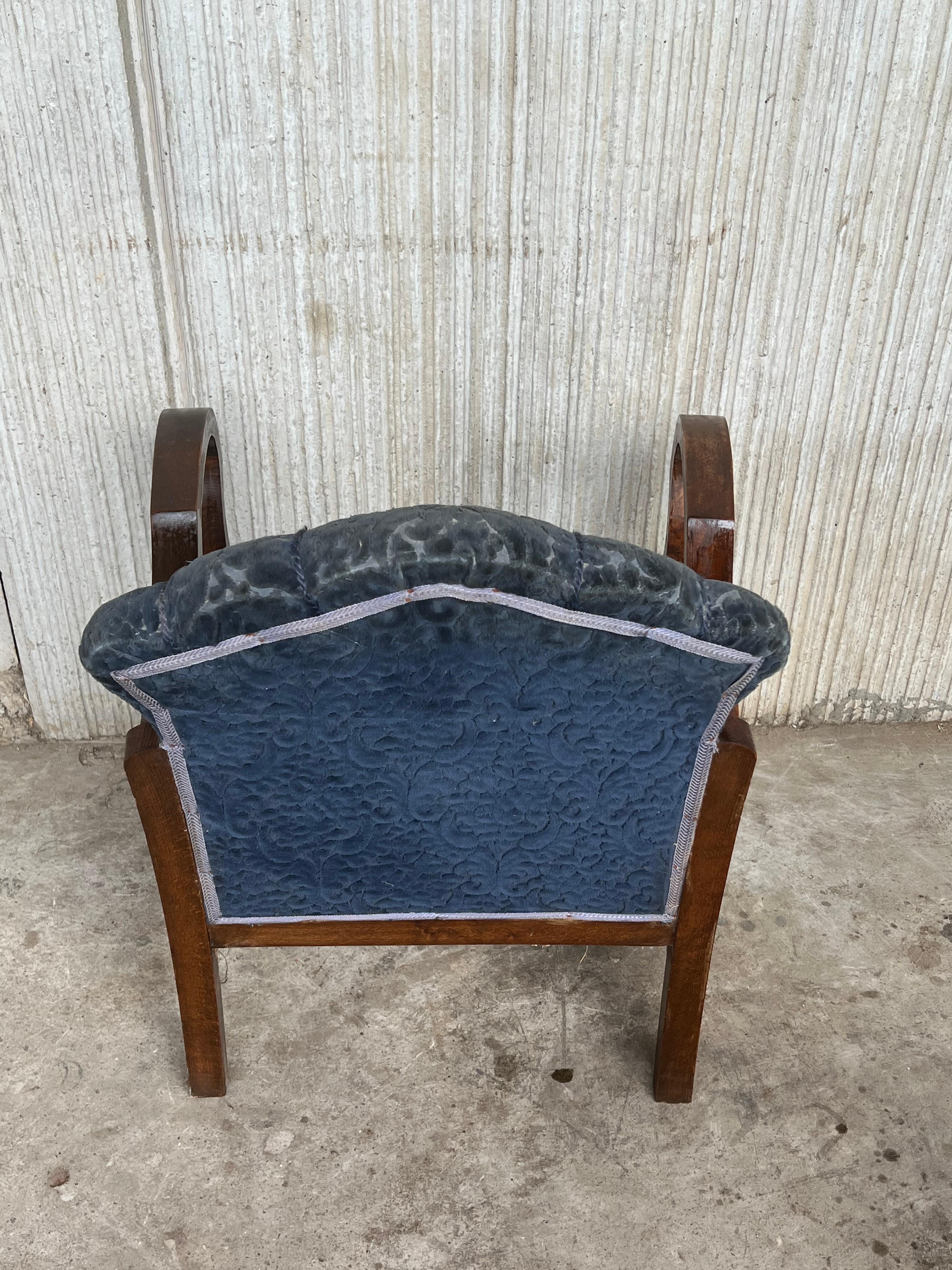 Pair of Art Deco Club Armchairs with Blue Ink Damask Velvet For Sale 5