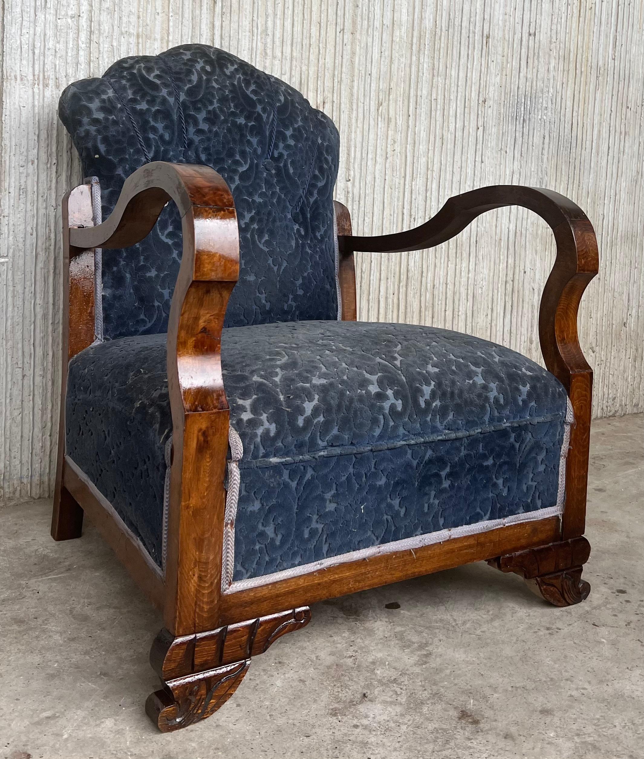 European Pair of Art Deco Club Armchairs with Blue Ink Damask Velvet For Sale