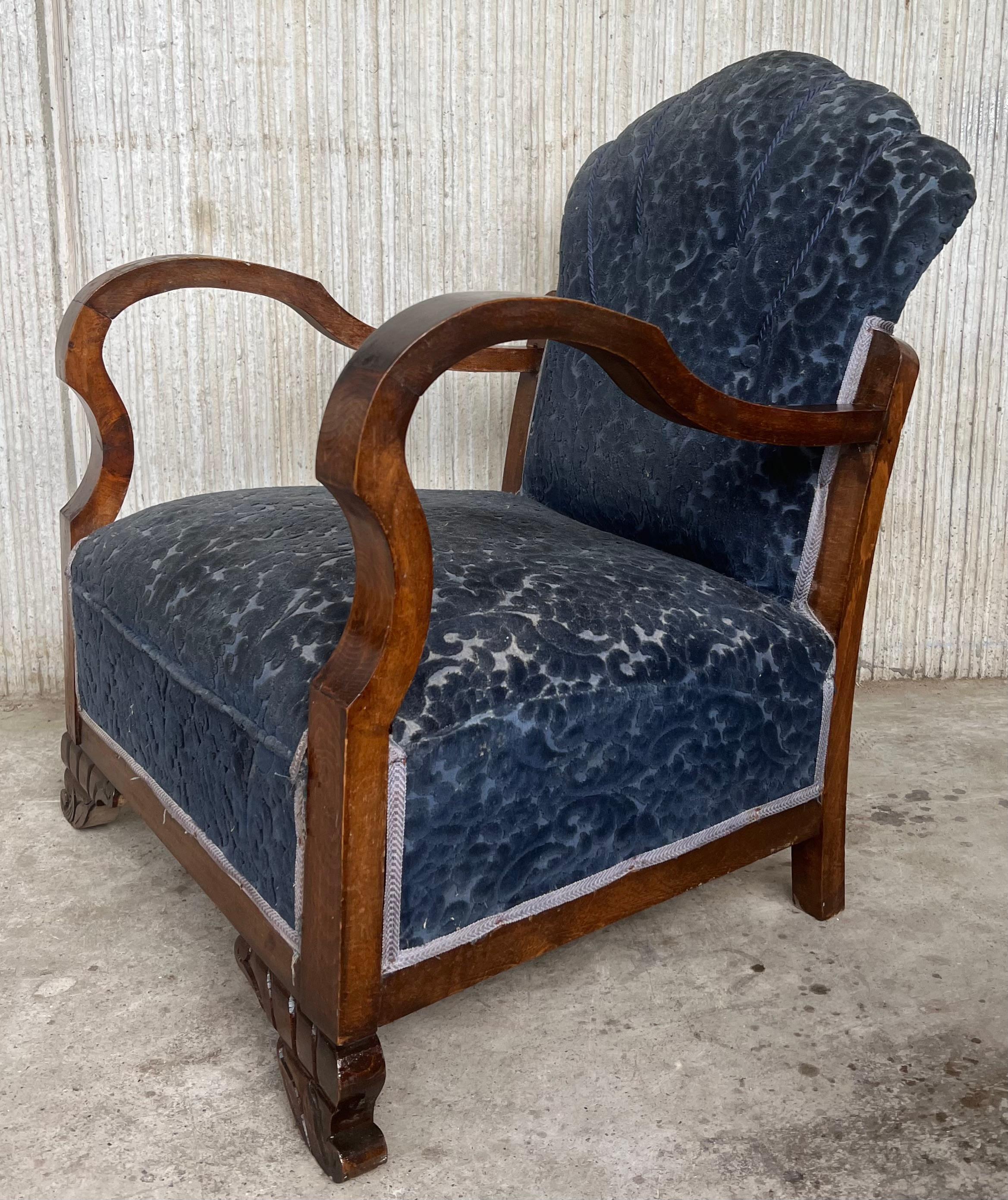 Pair of Art Deco Club Armchairs with Blue Ink Damask Velvet In Good Condition For Sale In Miami, FL