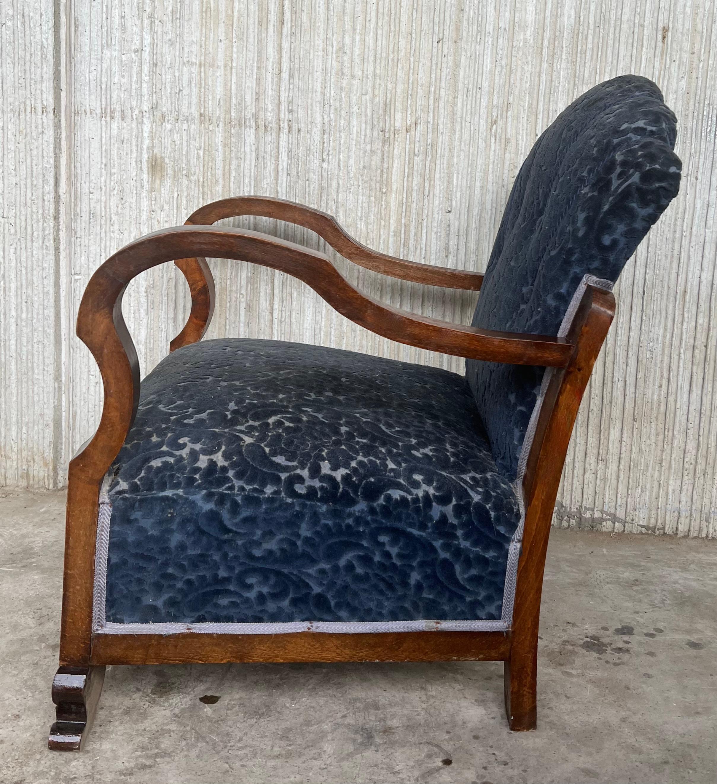 20th Century Pair of Art Deco Club Armchairs with Blue Ink Damask Velvet For Sale