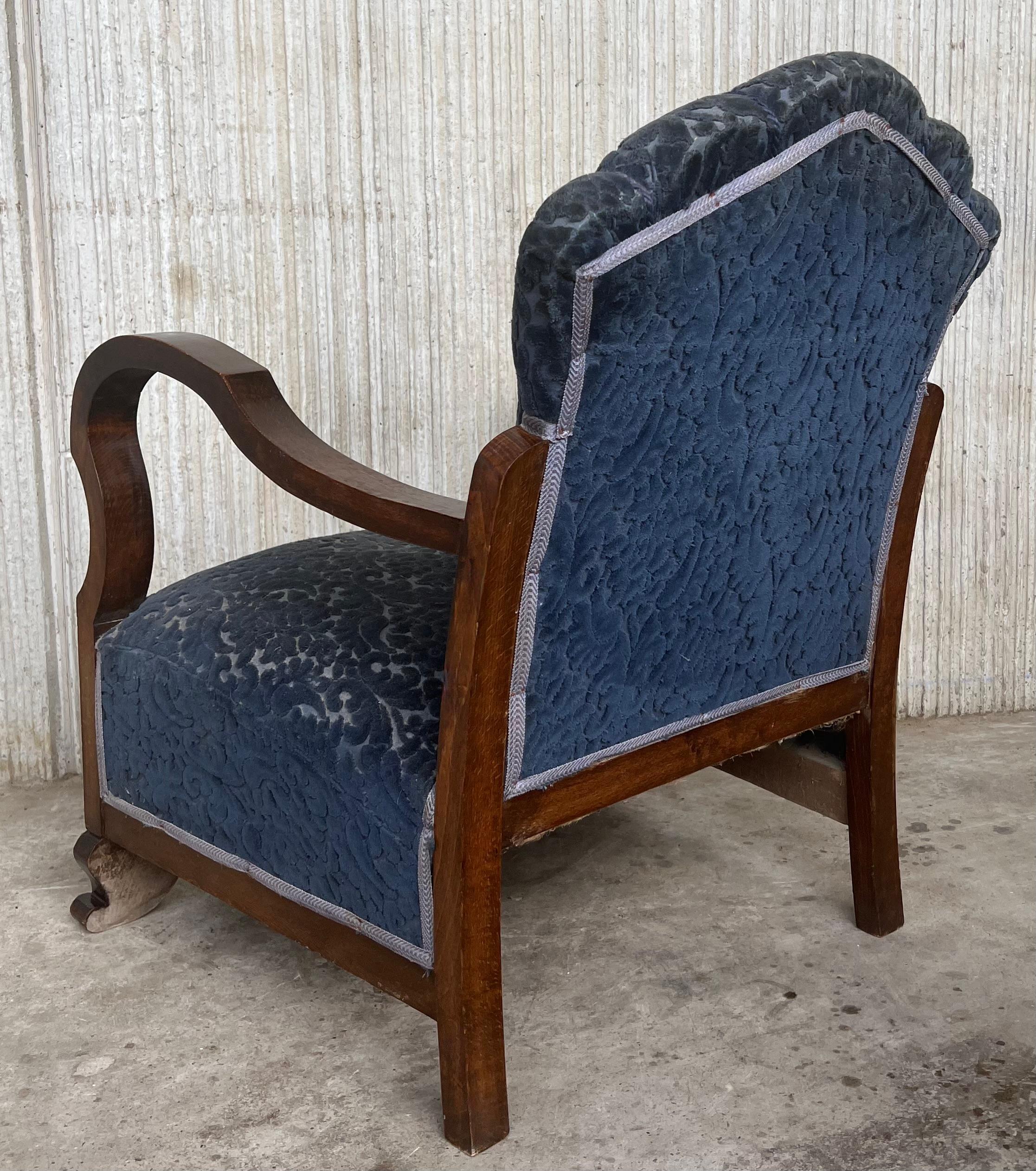 Pair of Art Deco Club Armchairs with Blue Ink Damask Velvet For Sale 1