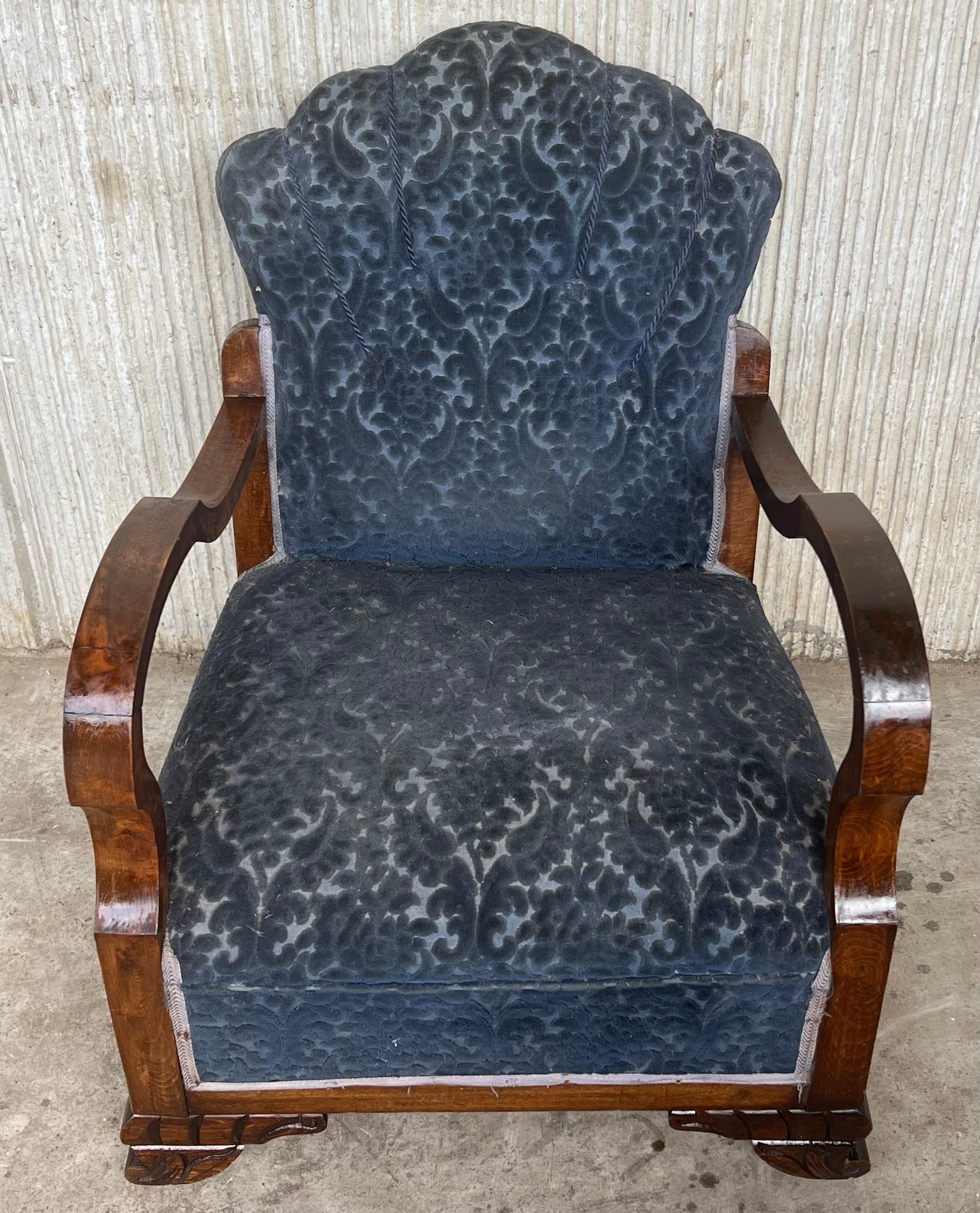 Pair of Art Deco Club Armchairs with Blue Ink Damask Velvet For Sale 2
