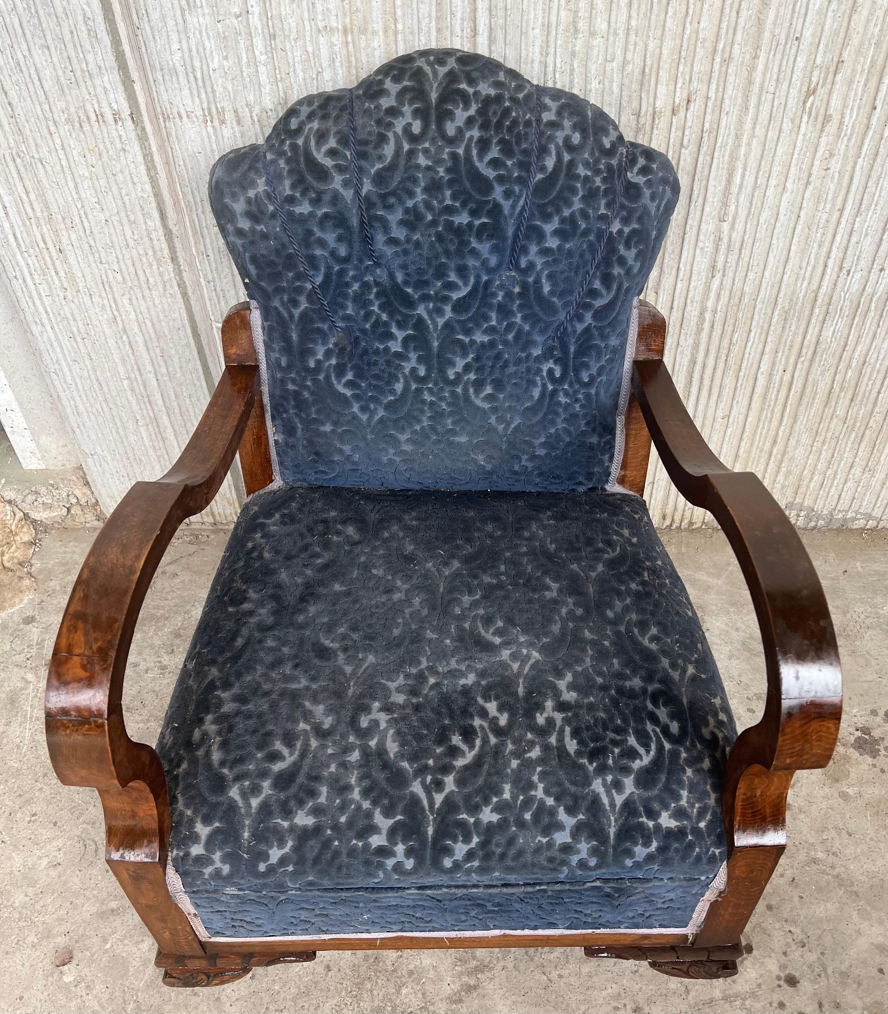 Pair of Art Deco Club Armchairs with Blue Ink Damask Velvet For Sale 3