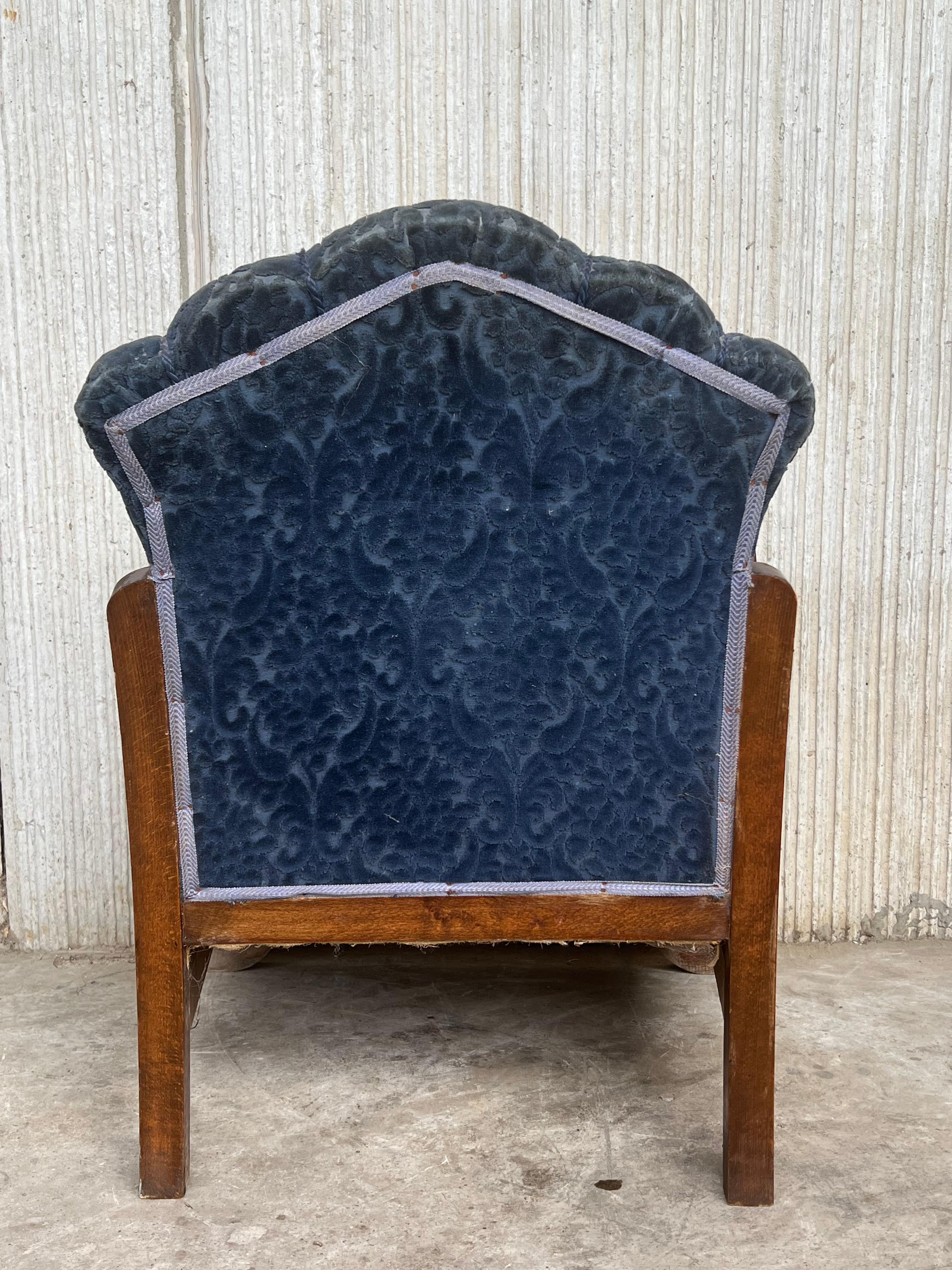 Pair of Art Deco Club Armchairs with Blue Ink Damask Velvet For Sale 4