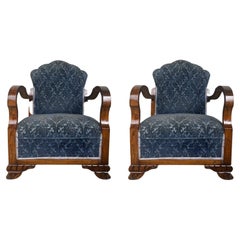 Pair of Art Deco Club Armchairs with Blue Ink Damask Velvet