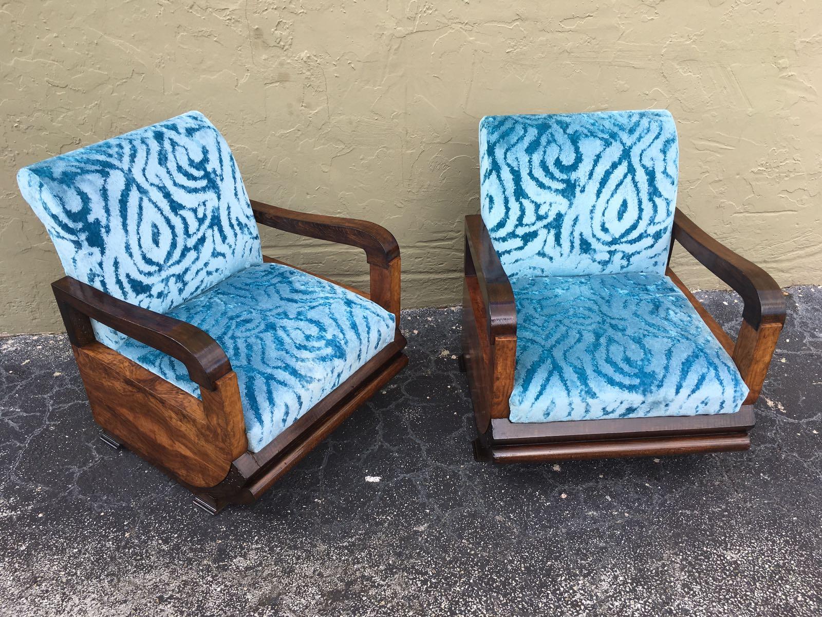 Pair of Art Deco club chair with turquoise velvet by Lizzo, Italy. Very softness and comfortable.