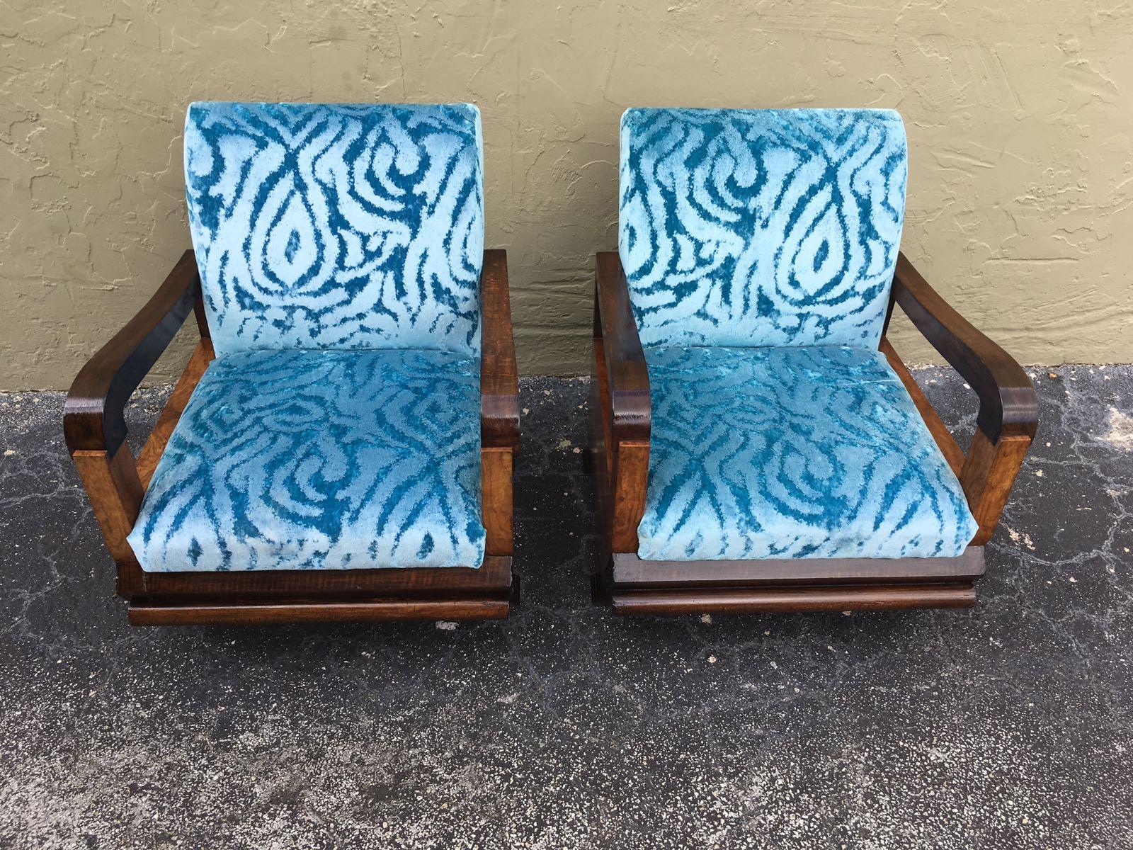 20th Century Pair of Art Deco Club Armchairs with Turquoise Velvet by Lizzo, Italy