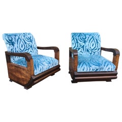 Pair of Art Deco Club Armchairs with Turquoise Velvet by Lizzo, Italy