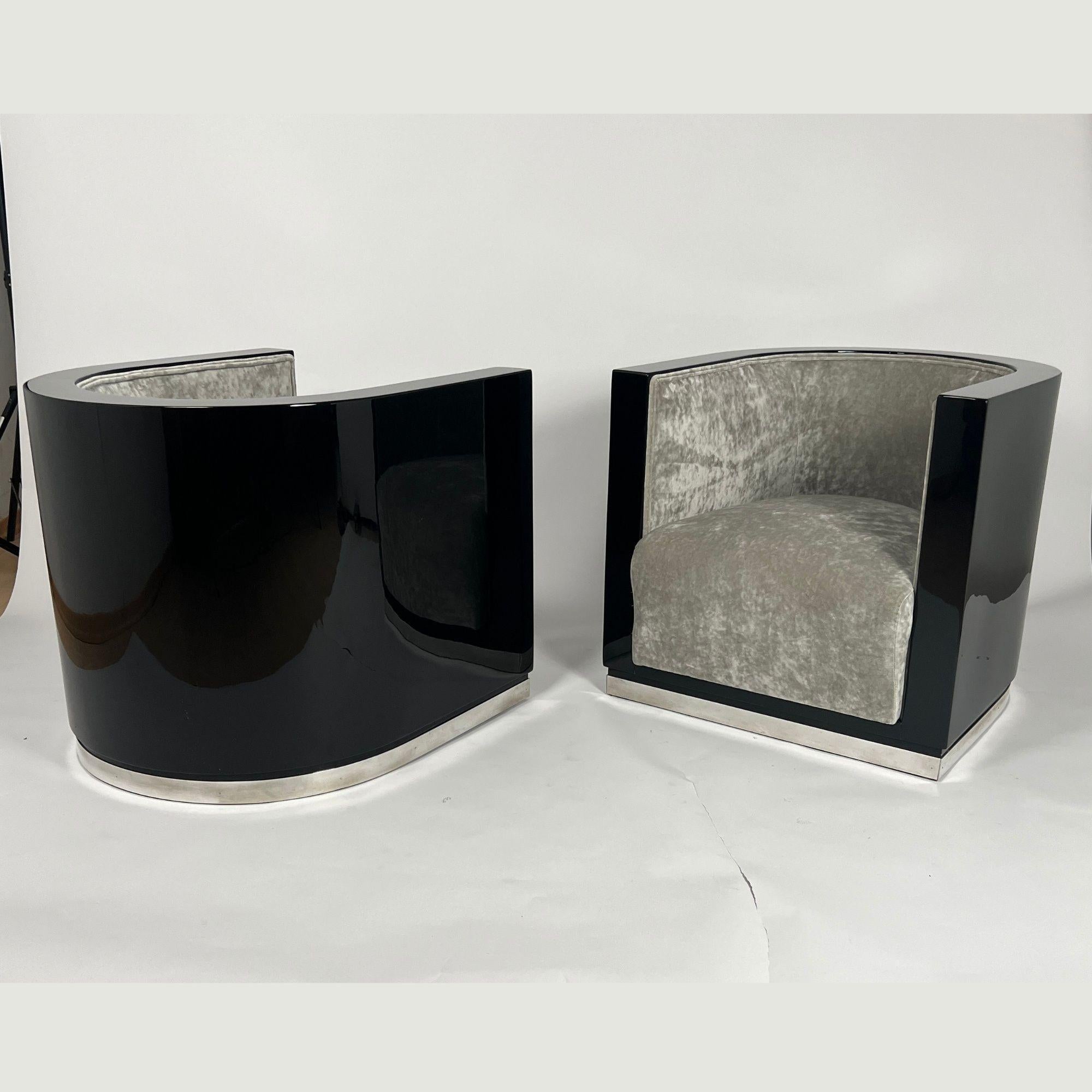 Lacquered Pair of Art Deco Club Chairs, Black Lacquer, Grey Velvet, France circa 1930