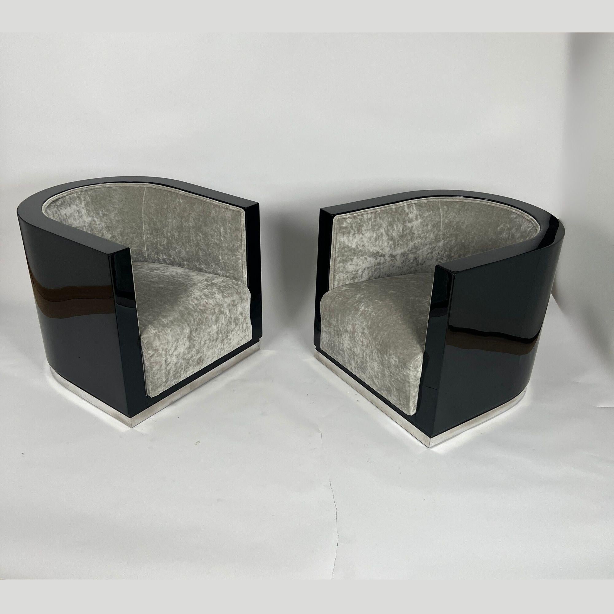Mid-20th Century Pair of Art Deco Club Chairs, Black Lacquer, Grey Velvet, France circa 1930