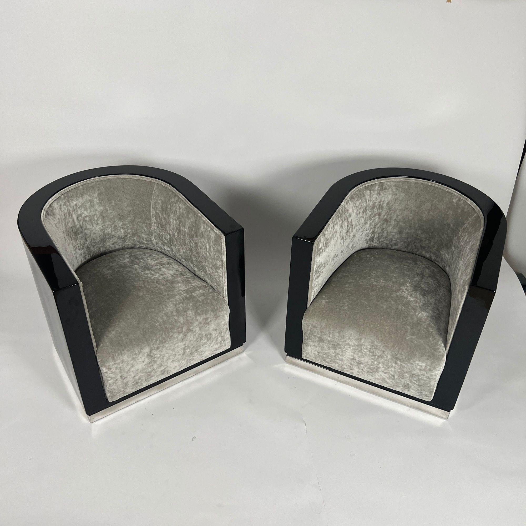 Stainless Steel Pair of Art Deco Club Chairs, Black Lacquer, Grey Velvet, France circa 1930