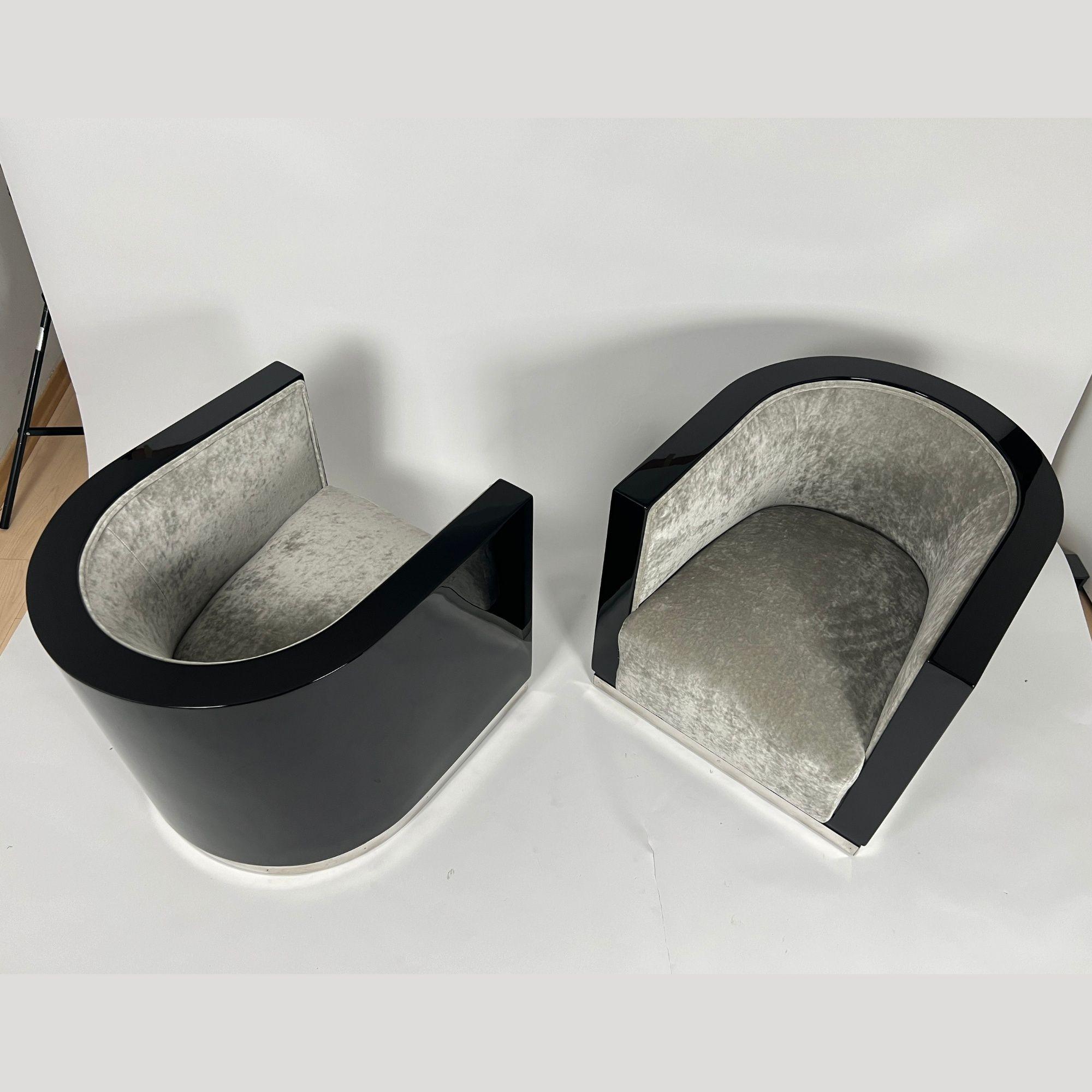 Pair of Art Deco Club Chairs, Black Lacquer, Grey Velvet, France circa 1930 1