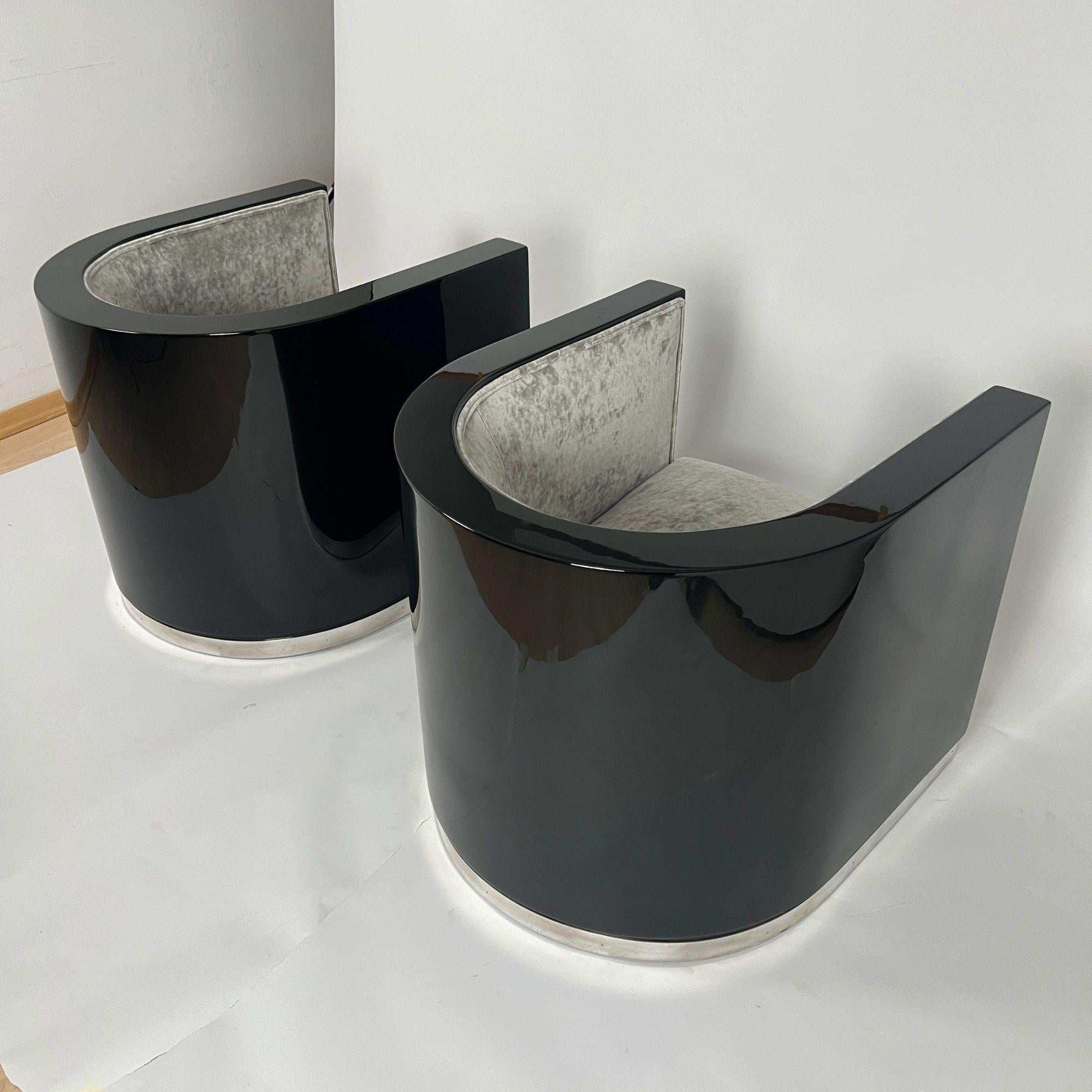 Pair of Art Deco Club Chairs, Black Lacquer, Grey Velvet, France circa 1930 2