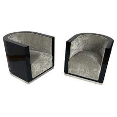 Pair of Art Deco Club Chairs, Black Lacquer, Grey Velvet, France circa 1930