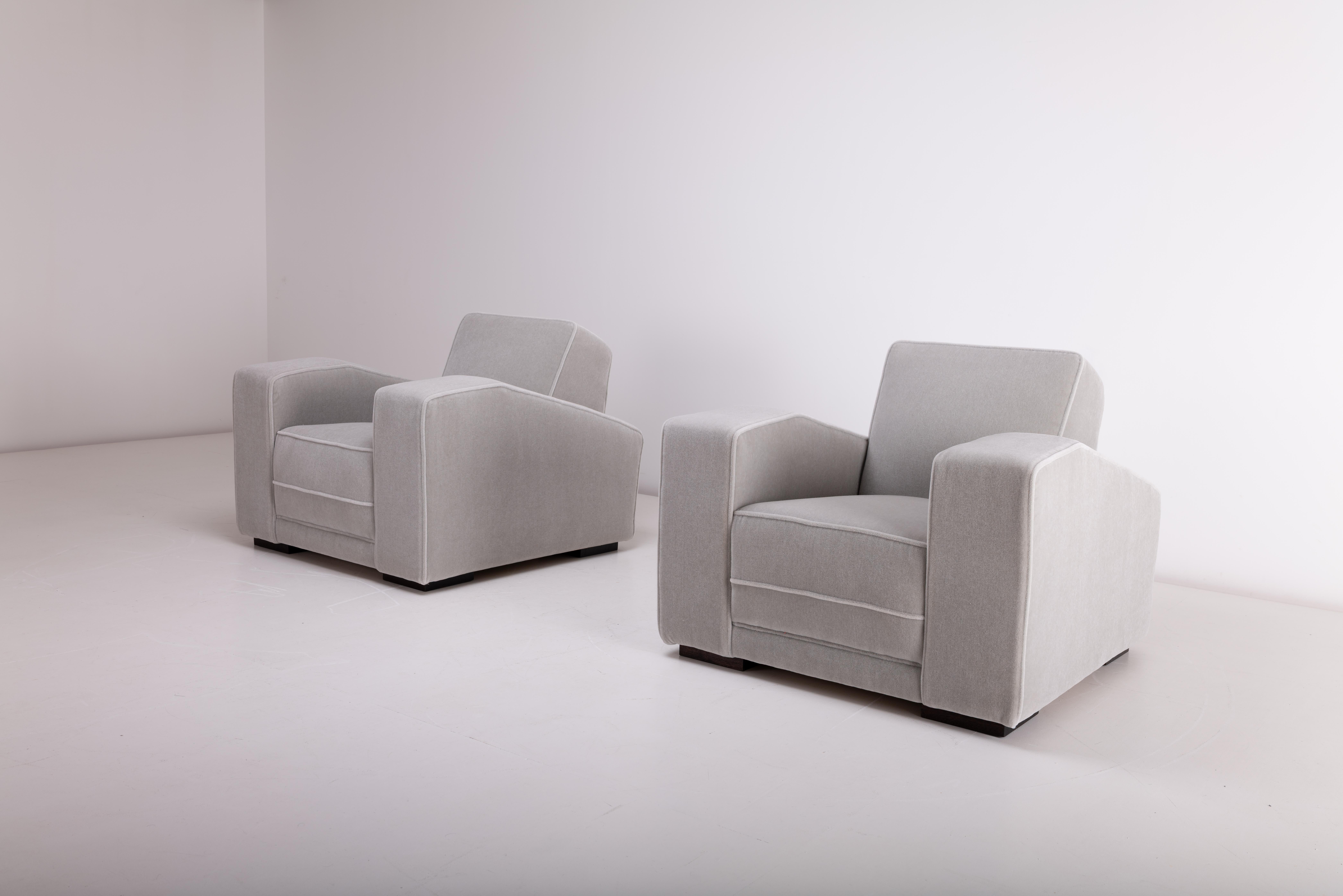 Art Déco Coppia di sedie da club Art Deco di Bowmans of London 1935 in velluto di mohair