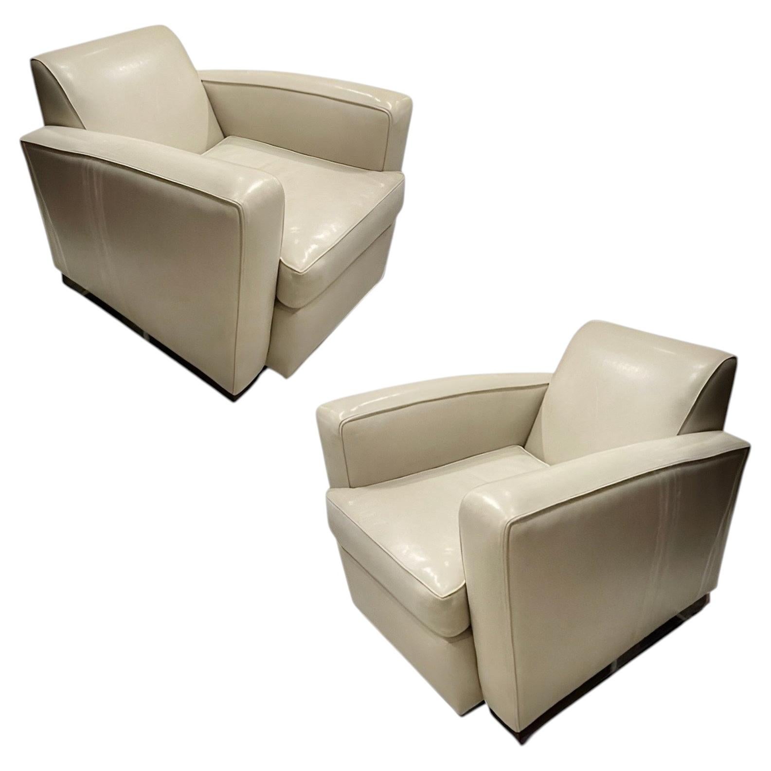 Art Deco Club Chairs by Maison Dominique, Ivory Leather & Ebony, 1935