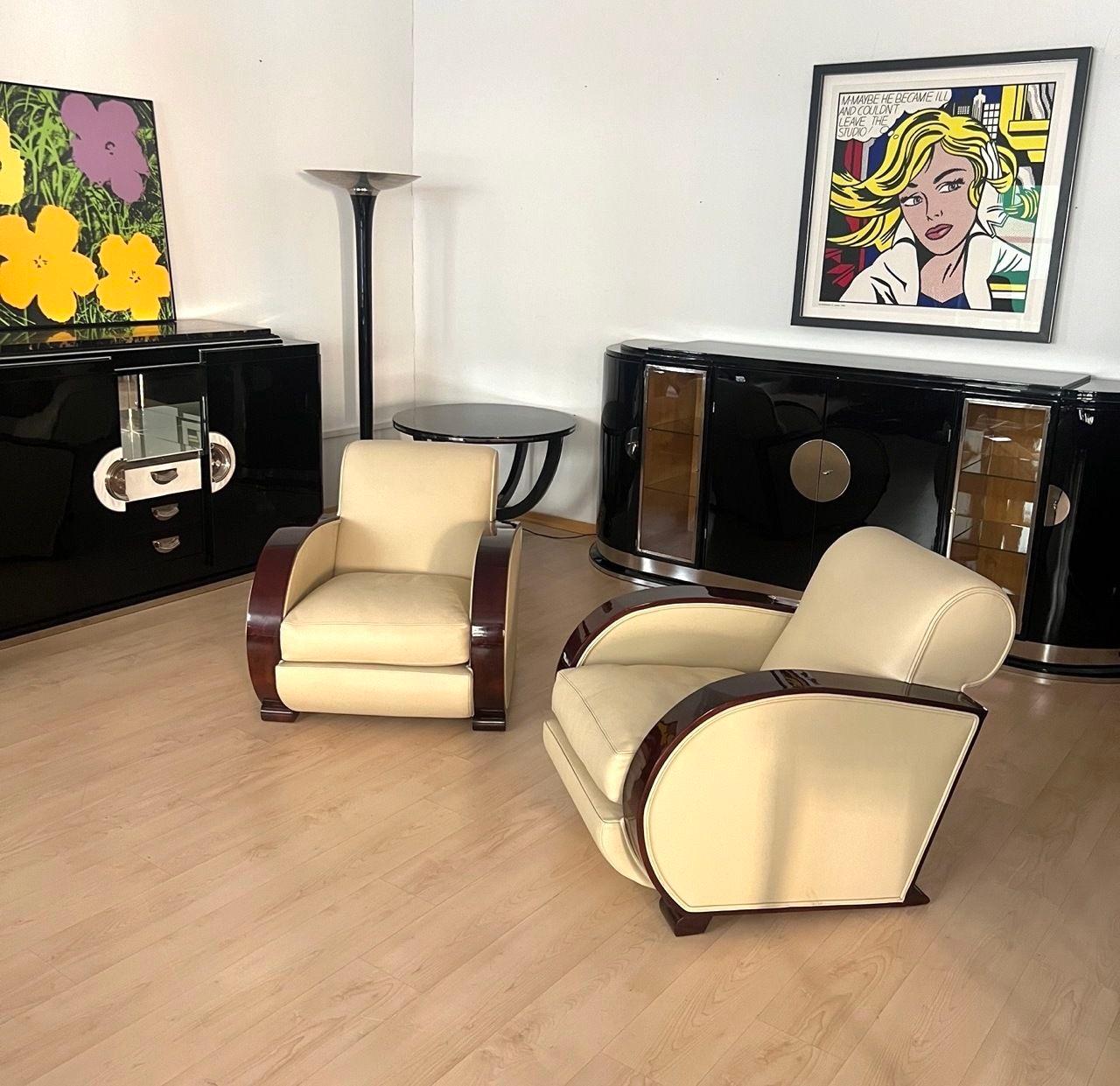 Pair of Art Deco Club Chairs, Cream Leather, Lacquered Wood, France circa 1930 For Sale 14