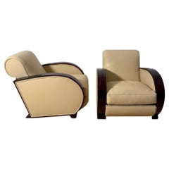 Pair of Art Deco Club Chairs, Cream Leather, Lacquered Wood, France circa 1930