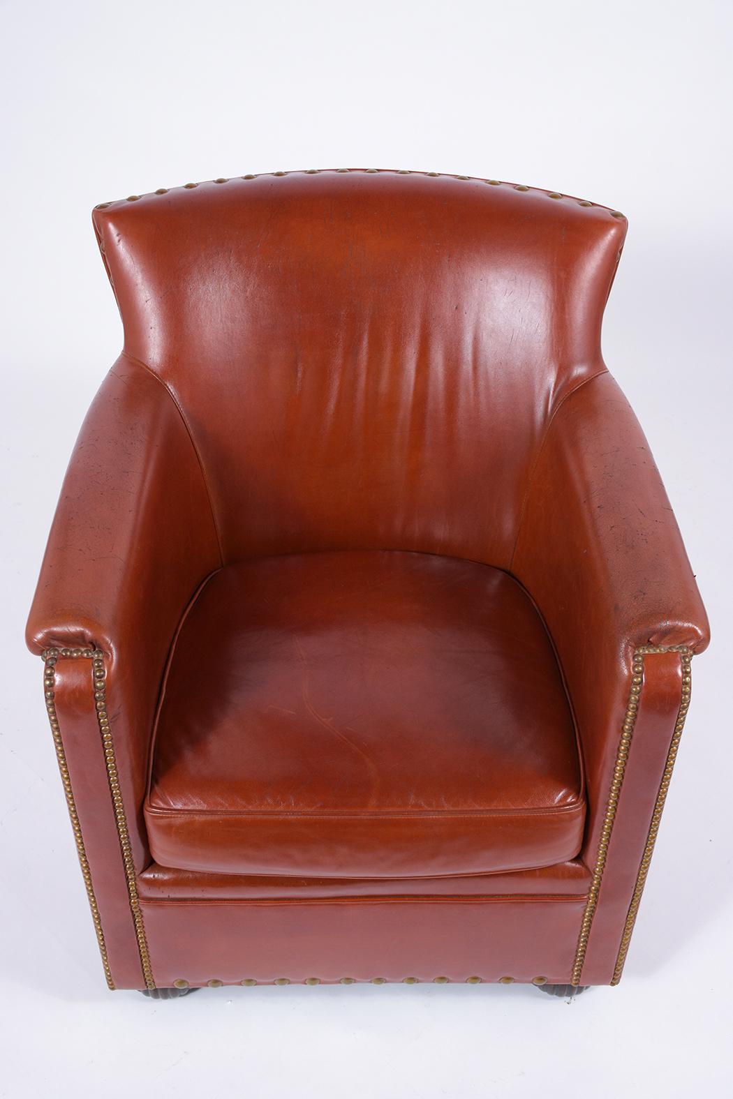 Carved Pair of Art Deco Leather Club Chairs