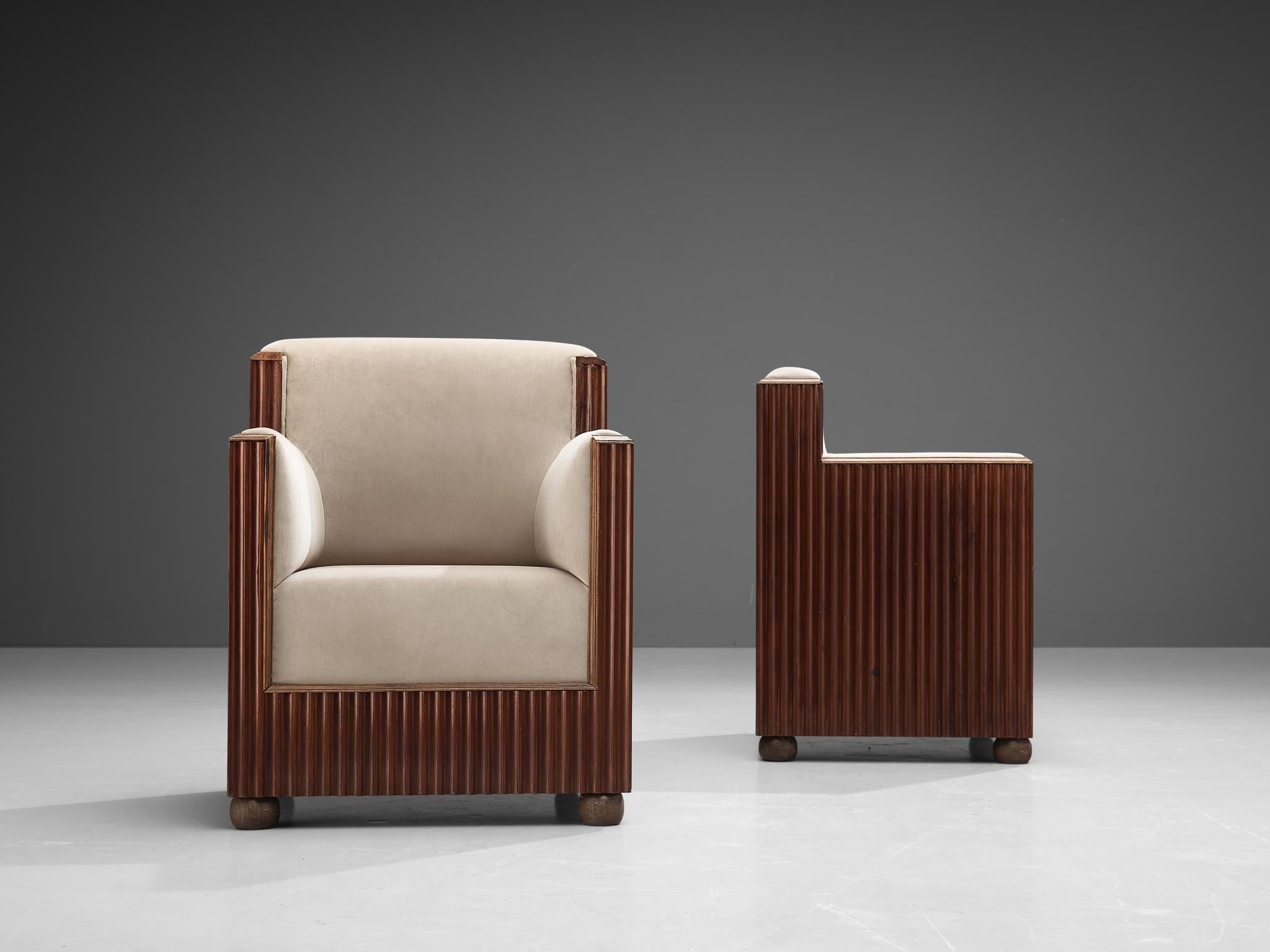 Fabric Pair of Art Deco Club Chairs in Mahogany and Off-White Upholstery