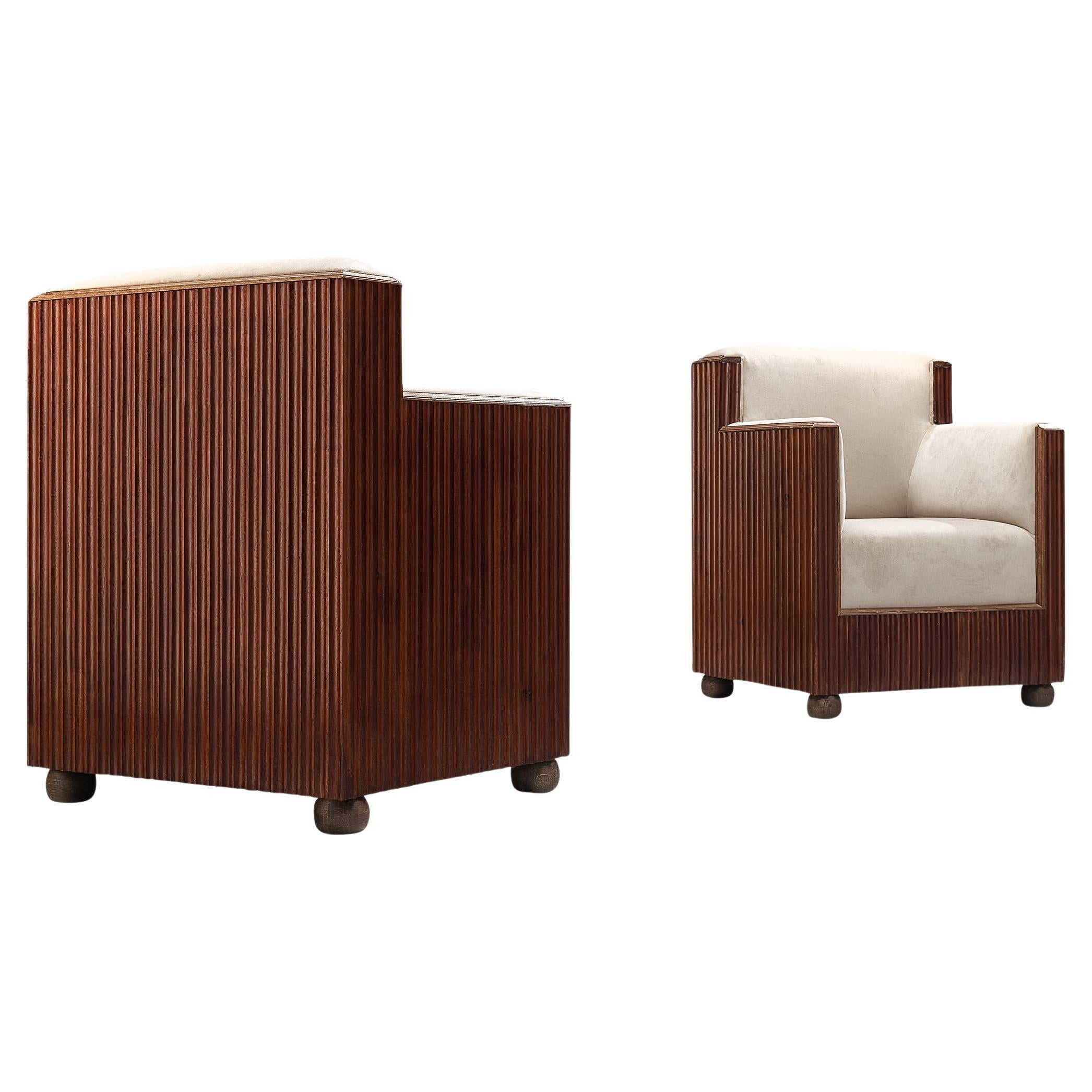 Pair of Art Deco Club Chairs in Mahogany and Off-White Upholstery