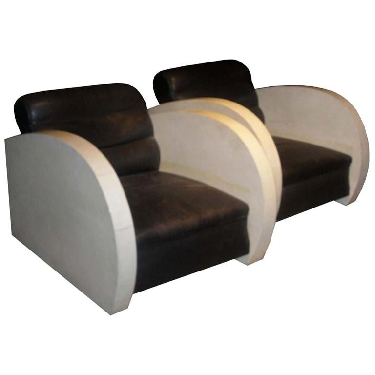 Pair of Art Deco Club Chairs in Parchment and Black Leather For Sale