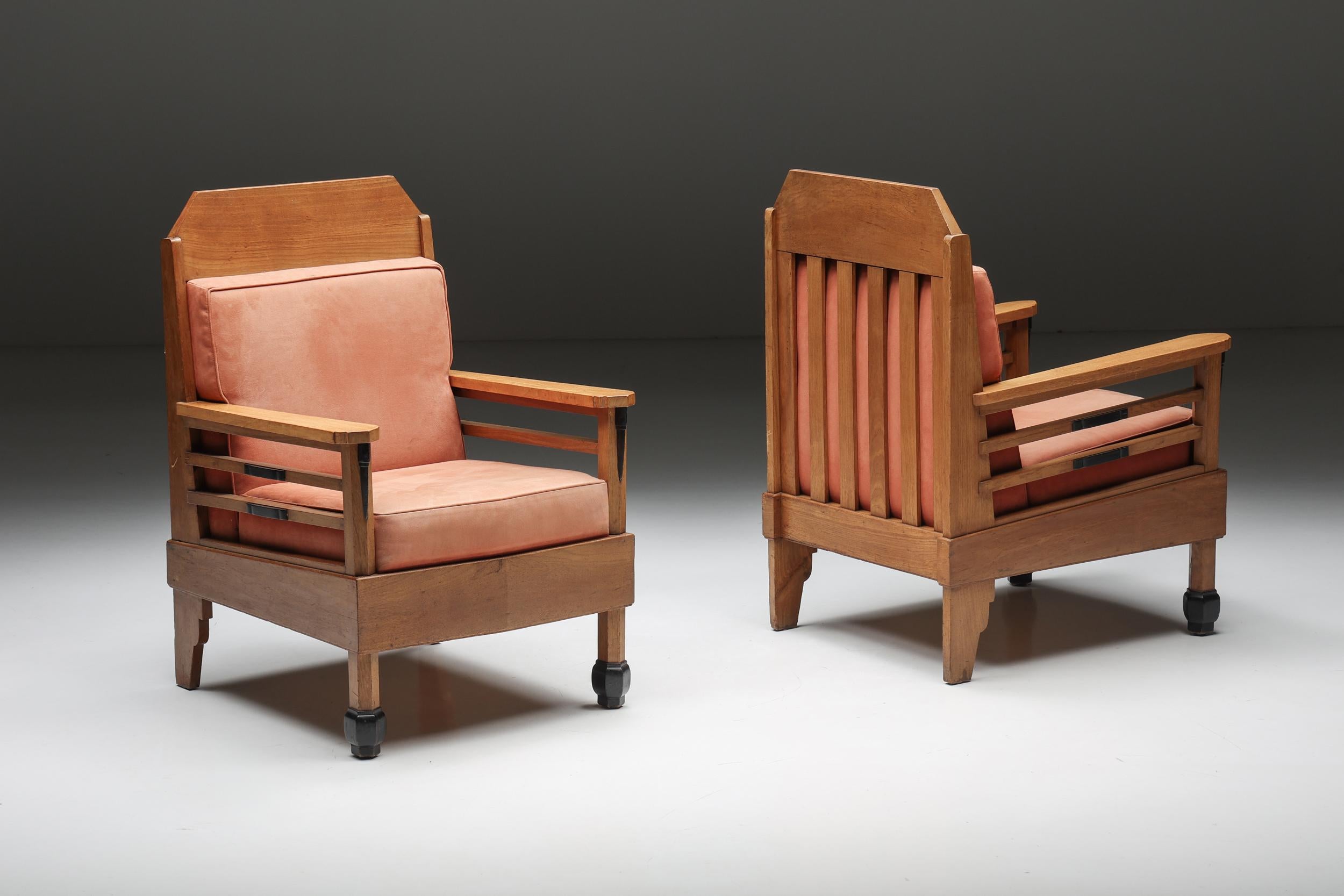 Art Deco; Pine; leather; club chairs; Europe; 1960s; Pink; Wood; Geometric Shape; 

Pair of Art Deco pine and leather club chairs made in Europe, 1960s. These chairs are made of a solid pine frame with remarkable detailing. The seats are covered in