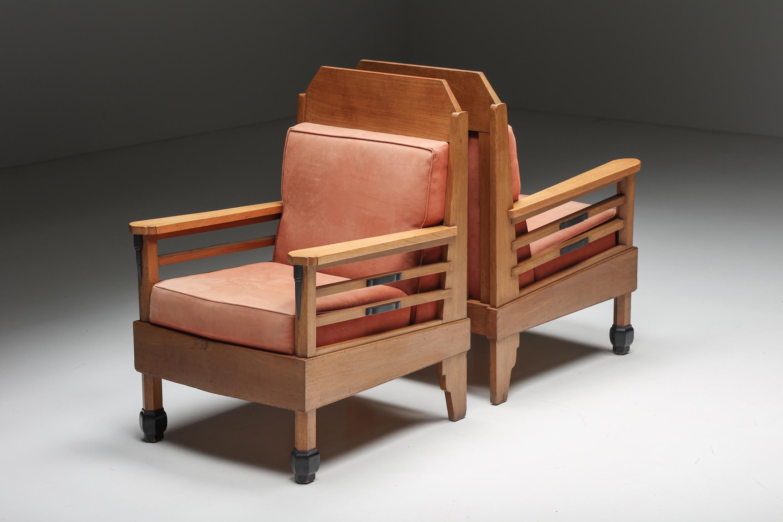Mid-Century Modern Pair of Art Deco Club Chairs, Pine & Leather, Europe, 1960s For Sale