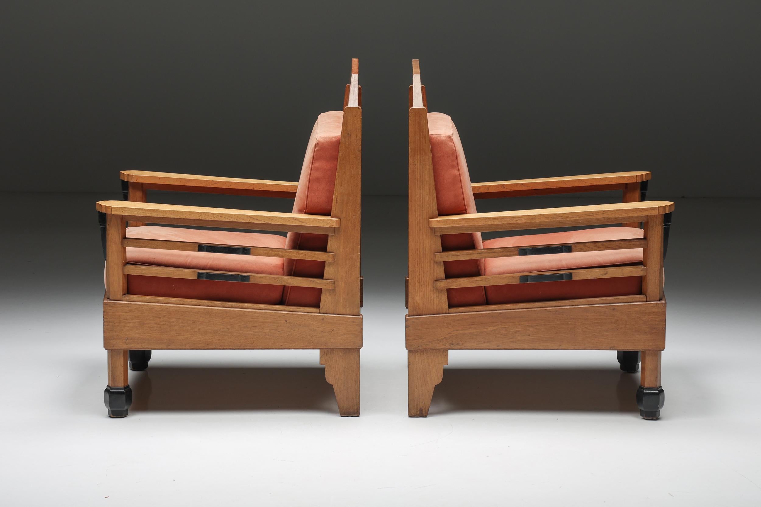 European Pair of Art Deco Club Chairs, Pine & Leather, Europe, 1960s For Sale