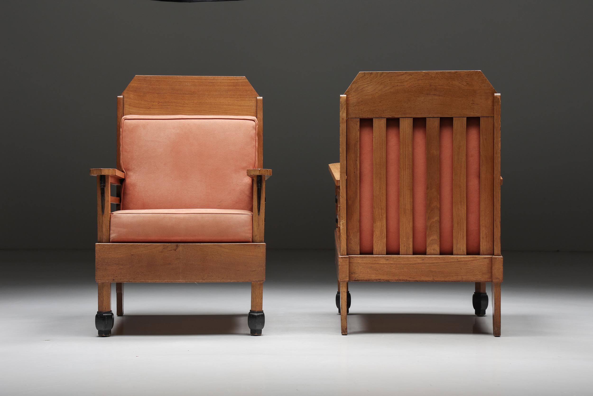Pair of Art Deco Club Chairs, Pine & Leather, Europe, 1960s In Excellent Condition For Sale In Antwerp, BE