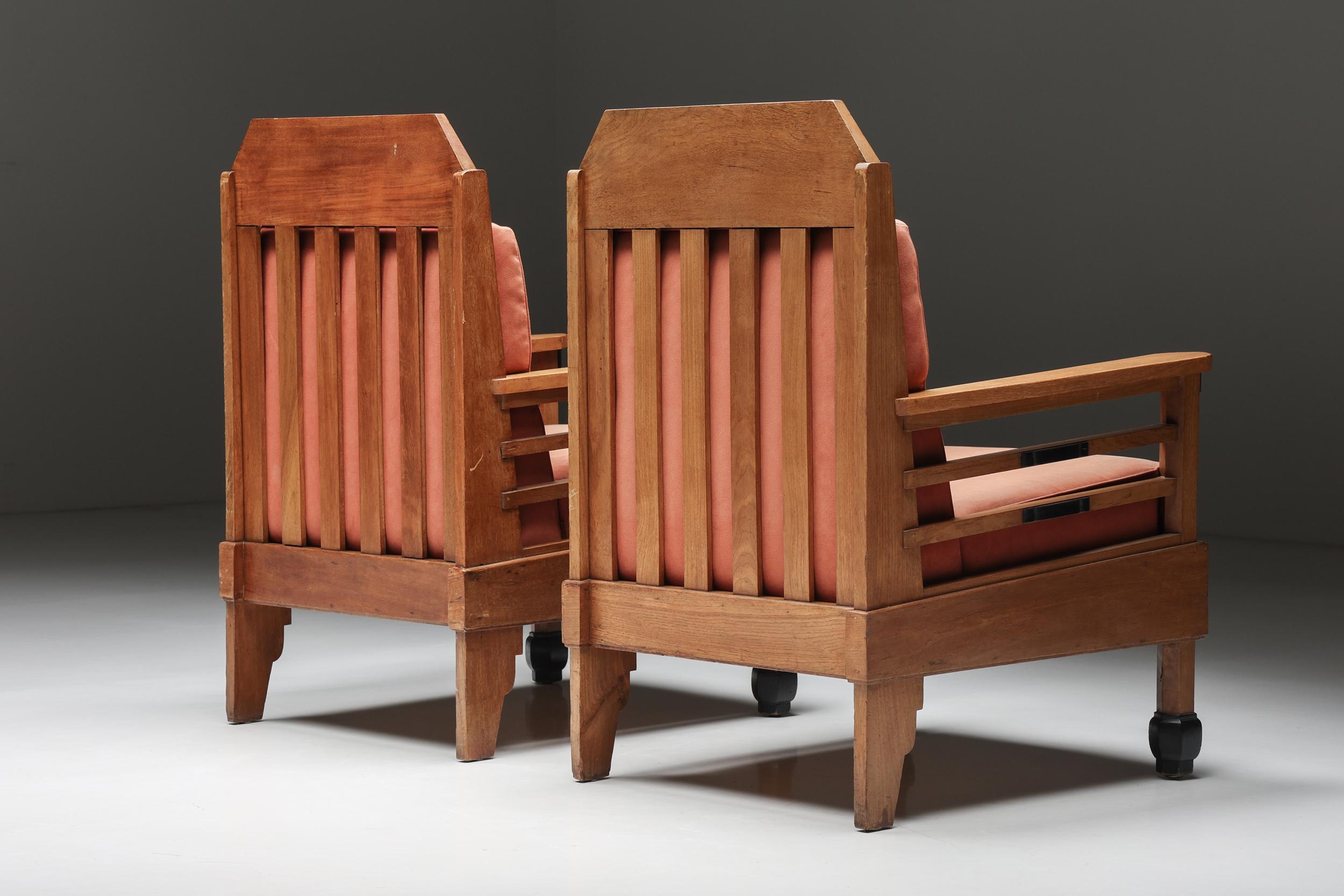 Mid-20th Century Pair of Art Deco Club Chairs, Pine & Leather, Europe, 1960s For Sale