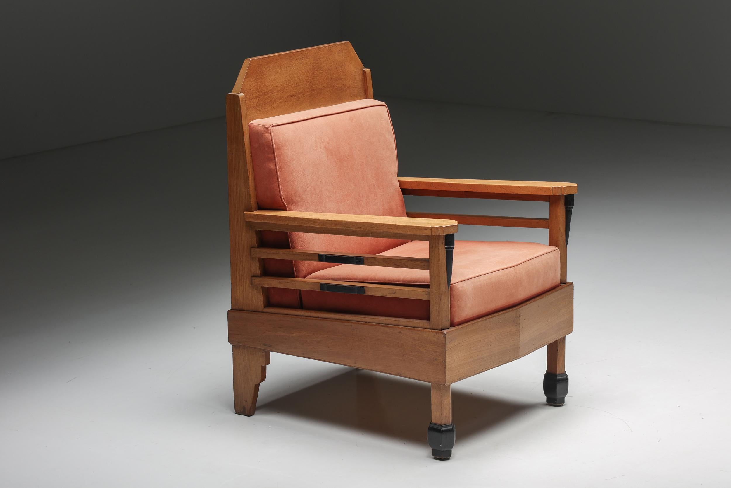 Pair of Art Deco Club Chairs, Pine & Leather, Europe, 1960s For Sale 1